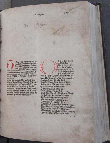 Page from the Prologue of William Caxton's Edition (1493) of Gower's Confessio Amantis.