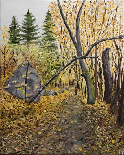 An oil painting of an autumn forest path covered in golden fallen leaves. Tall trees with yellow foliage line the trail, while evergreen trees rise in the background. A large gray boulder sits on the left side of the path. Farther down the trail, a small figure wearing a red jacket walks away into the distance. The scene feels peaceful, crisp, and full of seasonal color.