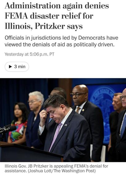 Image shows Illinois Governor JB Pritzker with a concerned expression, standing at a podium during a press conference. Other officials are present in the background. The scene pertains to FEMA disaster relief denials for Illinois.