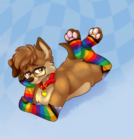 A brown and tan canine furry laying down looking at the camera while wearing rainbow progress pride sockies and armwarmers. Tags: furry, fursona, furryart, furryartist, furrycommission, pride
