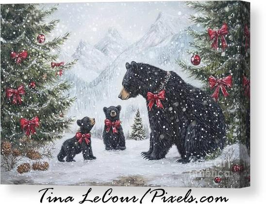 This is a Christmas canvas of a black bear with two of it's cubs wearing red christmas bows with decorated christmas pine trees in the snow.