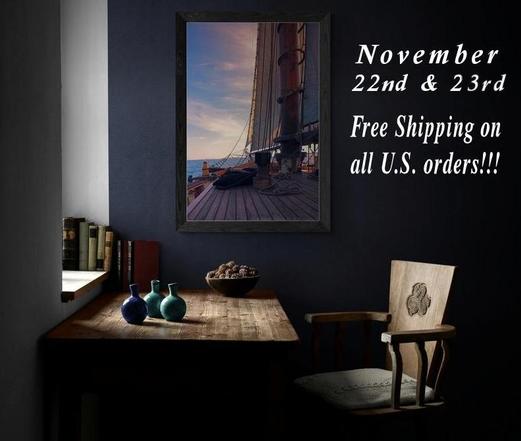 Cost of shipping can be high so don't let this deal sail away from you. Free shipping on all U.S. orders November 22 and 23th! This ad has the framed photo of the art piece My Path Is The Sea hanging over a desk and chair that faces a window.