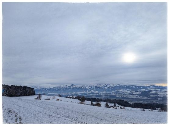 A field leads into a valley, at the horizon some small mountains. All covered in some snow. Grey sky.