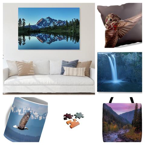 A living room displays a serene mountain lake photo above a white sofa with striped pillows. Nearby are a hummingbird pillow, waterfall canvas, eagle mug, puzzle pieces, and a tote bag with a forest scene. The tone is peaceful and natural.
FREE US Ground Shipping TODAY only!