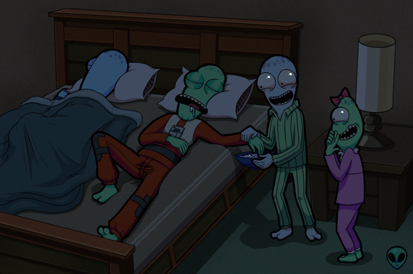 Yumyulack putting a sleeping Terry's hands in water causing him to pee himself, Jesse is snickering from beside Yumyulack.