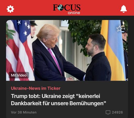 ECUS
online
Mit Video
Ukraine-News im Ticker
Trump tobt: Ukraine zeigt "keinerlei Dankbarkeit für unsere Bemühungen"
Vor 38 Minuten🖖