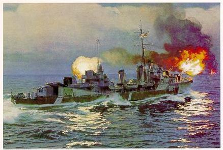 A wartime painting of H.M.C.S. Haida, a Tribal-class destroyer commissioned in 1943, engaged in combat during World War II. The image depicts the ship firing its guns while an explosion occurs nearby, reflecting her significant contributions to securing the Western Approaches and sinking German shipping.  The grey warship bears distinctive white markings.
