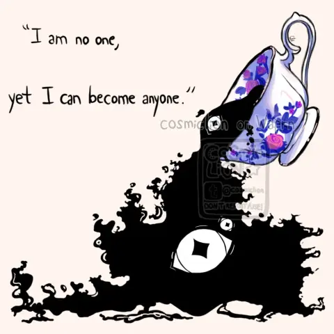 Digital full render illustration of a white teacup with a pink and blue floral design. It is tilting over and spilling a pitch black substance that looks like a mix of smoke and tar and has three eyes with diamond shaped pupils. There is some text on the upper corner left that says "I am no one, yet I can become anyone." The background is a very pale and light pink.