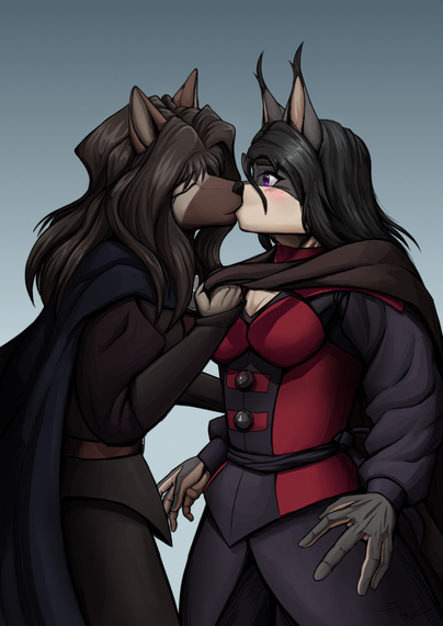 Rika pulling on El's cloak and closes the gap to kiss her. El blushes from the sudden show of affection.