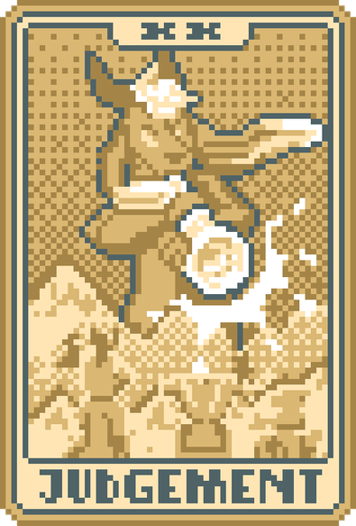 Az looming over mountains in the horizon, dooting a big wind instrument at 6 small vague silhouettes in the foreground