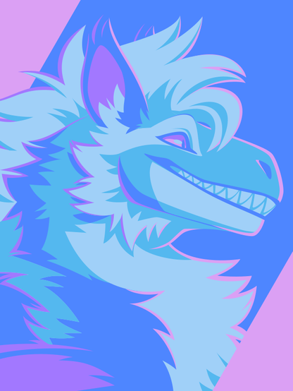 A vector portrait of a fluffy raptor-type dinosaur, drawn in flat colors: pink, purple, and three shades of blue