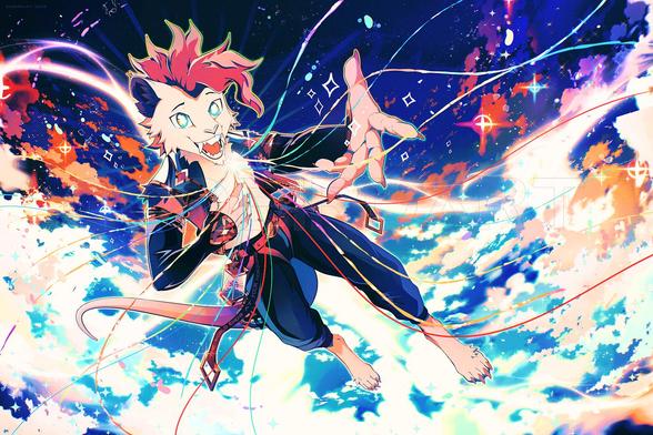 image is a digital illustration of an anthropomorphic rodent character floating above a sea of illuminated clouds with one hand outstretched towards the viewer and the other over their heart. From their heart, vibrant multicolour cords flow outward in all directions.