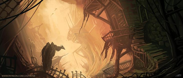 Morning light in a valley with a bird creature in the foreground.