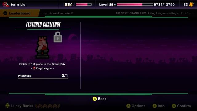 A screenshot of the F-Zero 99 challenge screen. The only challenge remaining is “Finish 1st place in the Grand Prix
- (with the icon for King League) King League -