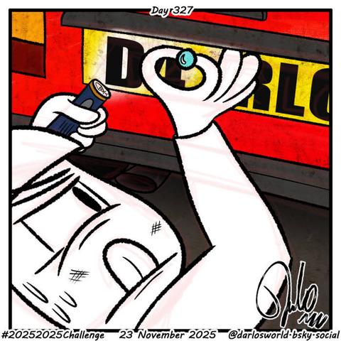 Drawing of Darlo trying to replace a lightbulb for a car number plate.