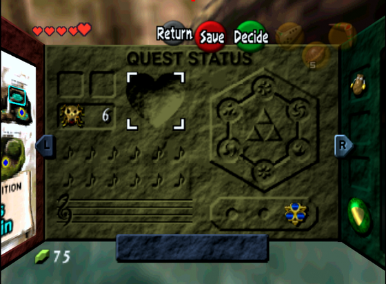 A screenshot from Zelda Ocarina of Time. It shows the Quest Status menu where all the dungeon completion items appear, as well as other key inventory items, such as songs.

The inventory shows 6 Golden skulltula tokens and the Zora Sapphire, which is usually the last Spiritual Stone you will get as a child.
