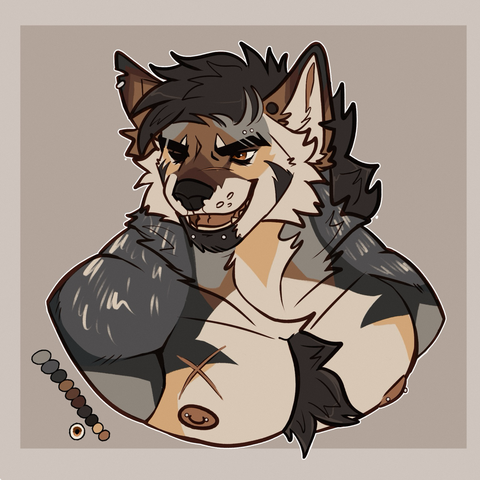 Drawing of anthropomorphic jackal (bust). Both of his ears are snitched, he has scar on his chest and muzzle. One of his eyes is closed