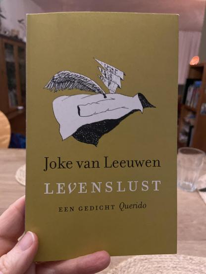 De voorkant van de bundel “Levenslust”. Een okergeel vlak met een pentekening er op van een vliegende jas met vleugels.