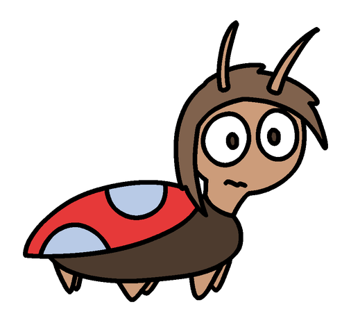 Cartoon drawing of my OC Melanie as a bug with hair and a red outer shell, looking unsettled