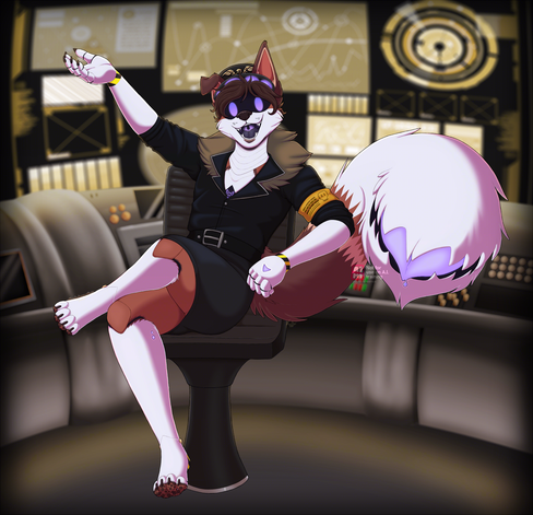 A fullbody shaded piece of Jay, a brown and white marble retriever (marble fox/golden retriever mix) dressed as Serial Designation N posed in his captain chair as a spaceship pilot.