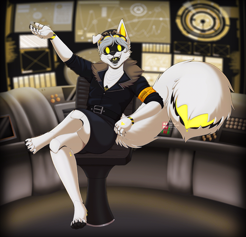 A fullbody shaded piece of Jay, a white marble retriever (marble fox/golden retriever mix) dressed and colored as Serial Designation N posed in his captain chair as a spaceship pilot.