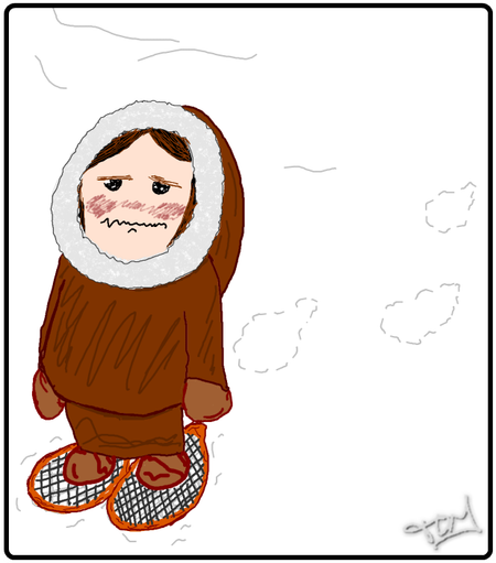 A little person with red face because of the cold temperature. Just staying on the snow that covers everything all around.