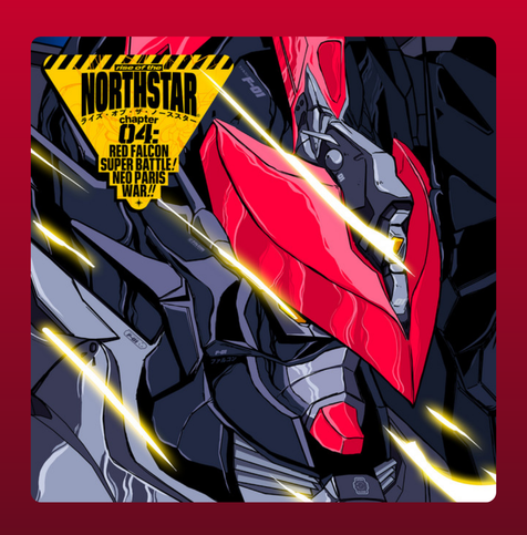 A stylized mecha falcon head dominates the cover, drawn in bold anime-inspired lines. Its armor is dark grey and black, with sharp red highlights around the beak and visor area. Bright yellow energy beams or streaks radiate across the background, giving a sense of motion and power. In the top left, a black-and-yellow hazard-striped triangle frame encloses the text ‘NORTHSTAR’ and ‘04: Red Falcon Super Battle! Neo Paris War!!’. The overall design evokes futuristic aggression, power, and a cyber-punk/mecha aesthetic.