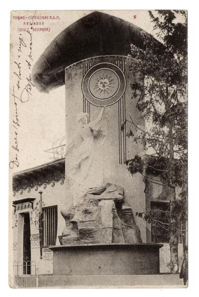 The image depicts a vintage black and white postcard or photograph featuring an architectural structure with sculptural elements. At the top, there's a prominent dome-like roof over which hangs a circular emblem bearing a sun motif surrounded by rays emanating from its center. Below this is what appears to be a stone facade of a building adorned with classical decorative details such as cornices and pilasters.

Centered in the middle of the structure stands an imposing statue, seemingly made of marble or another white material, which portrays two reclining figures on a pedestal that rests upon a larger base featuring sculptural relief work. The statues' poses are relaxed; one figure appears to be lying back with its head resting on what looks like a book or tablet.

The building is part of an exhibition setting suggested by the handwritten annotations and printed text at the top left corner, which reads "TORINO - ESPOSIZIONE INTERNAZIONALE D.A.M. - ARS NOVA" along with other indistinct script likely in Italian. The date mentioned alongside this indicates that it is from '1902'. A number 5 appears prominently at the top right corner of the postcard, possibly denoting its placement within a series or catalog.

Surrounding foliage and trees can be seen to the sides of the building, indicating an outdoor setting for the exhibition. The overall impression conveys historical significance related to Art Nouveau (Modern Decorati [...]