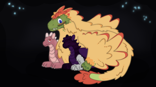 a drawing of three dragons, one rose gold colored and one dark purple colored, with a larger third that they are cuddling up with, a yellow fluffy feathered kukulkan.