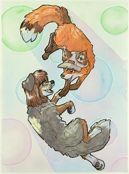 A watercolor painting of a feral bernese mountain dog and a feral fox floating in the bubble void, smiling at each other and holding paws.
