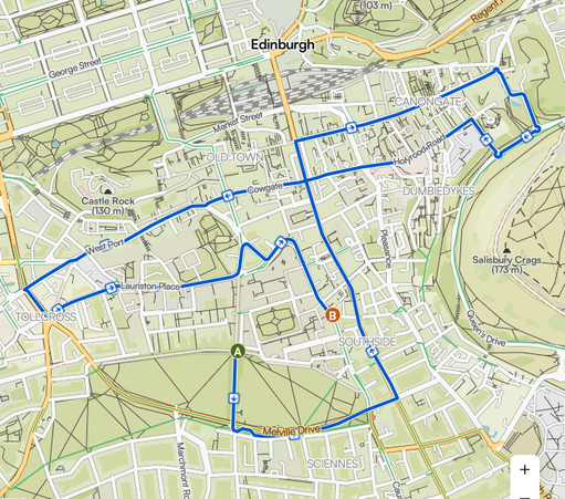 A map of central Edinburgh with a cycle route highlighted