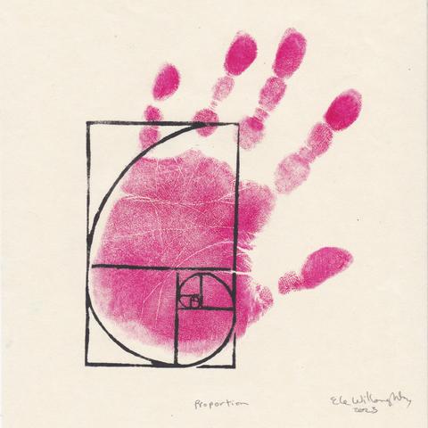 mono print with my handprint in fuchsia at an angle, over printed with a vertical golden rectangle with golden spiral in black, such that it appears to trace the shape of my palm and spiral down to the fleshy part below my thumb