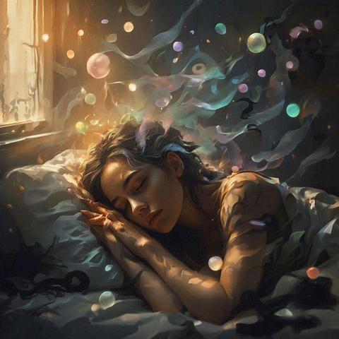 Resumen General La imagen es una ilustración digital de estilo fantástico que retrata a una mujer joven durmiendo profundamente. La escena captura el concepto de los sueños manifestándose físicamente, con elementos mágicos que fluyen desde su mente hacia el aire.

Detalles Visuales
El Sujeto:

Una mujer joven está recostada de lado sobre una almohada blanca y mullida.

Tiene los ojos cerrados y una expresión de paz y serenidad total.

Su cabello oscuro se mezcla con las sombras de la almohada y parece ser el origen de la magia que flota sobre ella.

Elementos de Fantasía (Los Sueños):

Emergiendo de su cabeza y cabello, hay formas fluidas que parecen humo, vapor o cintas de seda traslúcidas en tonos azules y grises.

Entremezcladas con este "humo", flotan numerosas burbujas u orbes brillantes de diferentes colores pastel (rosa, amarillo, verde azulado, violeta).

Estos elementos suben hacia la parte superior derecha de la imagen, sugiriendo que sus sueños están cobrando vida y llenando la habitación.

Iluminación y Ambiente:

Luz: Una luz cálida y dorada entra con fuerza desde una ventana situada a la izquierda. Esta luz baña el rostro de la mujer, su brazo y parte de las sábanas, creando un fuerte contraste con las sombras del lado derecho.

Atmósfera: La imagen transmite tranquilidad, misterio y magia. El uso de la luz dorada contra los tonos fríos del humo crea una sensación etérea.
