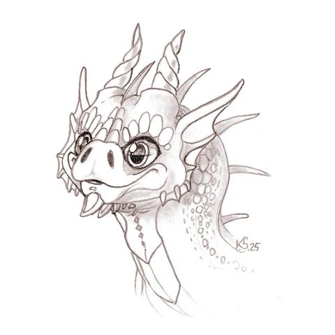 A pencil drawing showing the portrait of a cute Dragon with big eyes and a very short snout.