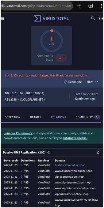 Screenshot of https://www.virustotal.com/gui/ip-address/104.18.73.116/relations

Most (if not all) webshops proxied by Cloudflare are fake. Domain names include (visit at your own risk; some may not yet work or may not yet work anymore - most are short-lived):

burberry-eu-online.shop
vip-dsquared2-eu.shop
vipbirkenstock-online.shop
jewelryvipsale.com
kitbag-eu-online.shop
online-victoriassecret.shop
us-tiffany.shop
us-skechers.com
clearanceus.com
usa-hoka.shop
coldsteel-usa.shop
online-phaidon.shop
phaidon-online.shop
phaidon-eu-online.shop
amazonclubhotsale.com
victoriasecretdeals.com
nitori-jp.shop
bbwfragrancesale.shop
usa-bowerswilkins.shop
cscooutletdeas.shop
viviennwestwodeals.com
viviennefashion.com
pandoratheke.shop
topclones.top (Rolex imitation)
husqvarna-us.shop

etc.