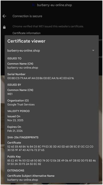 "Google Trust Services" issued the https website certificate for burberry-eu-online.shop