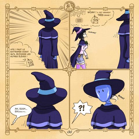 Noémie s'élance vers l'élève qui, lui tournant le dos, ne semble pas la remarquer.

Voix intérieure de Noémie : "Vite ! Faut le rattraper avant qu'il ne rejoigne les autres élèves !"

Arrivée près de l'élève, Noémie marque un temps d'arrêt.

Voix intérieure de Noémie : "WOAH ! Il est vraiment TRÈS grand !"

Anxiété Sociale (voix de plus en plus tremblante) : "J'te l'avais dit ! J'te l'avais dit ! J'te l'avais dit ! J'te l'avais dit ! J'te l'avais dit !..."

Noémie (pas rassurée) : "Ah, euuh... Excusez-moi..."

A la surprise de Noémie, l'élève tourne sa tête à 180°, lui faisant ainsi face tout en continuant à lui tourner le dos... Sa peau est bleu, lisse et presque liquide. La créature ne semble pas non plus avoir de visage, hormis deux petits yeux noirs qui regardent Noémie d'un air intrigué.