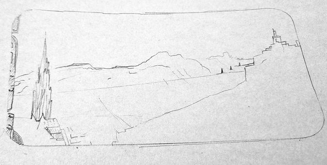 Dessin au crayon pointe noire à papier sur feuille blanche. Un début de dessin de panorama montagneux fait de quelques traits approximatifs pour signifier les lignes de perspectives et les angles de fuites