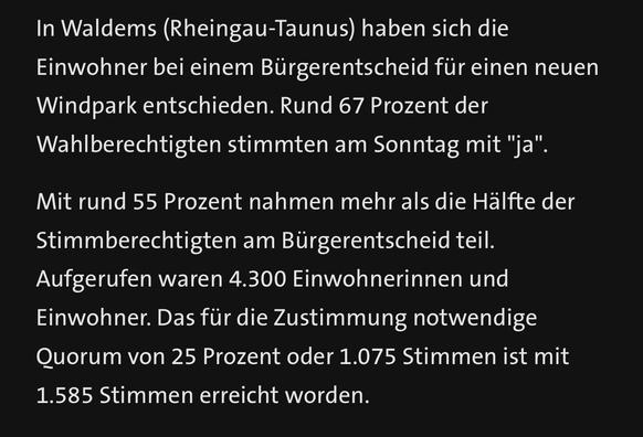 In Waldems (Rheingau-Taunus) haben sich die
Einwohner bei einem Bürgerentscheid für einen neuen
Windpark entschieden. Rund 67 Prozent der
Wahlberechtigten stimmten am Sonntag mit "ja"
Mit rund 55 Prozent nahmen mehr als die Hälfte der
Stimmberechtigten am Bürgerentscheid teil.
Aufgerufen waren 4.300 Einwohnerinnen und
Einwohner. Das für die Zustimmung notwendige
Quorum von 25 Prozent oder 1.075 Stimmen ist mit
1.585 Stimmen erreicht worden.