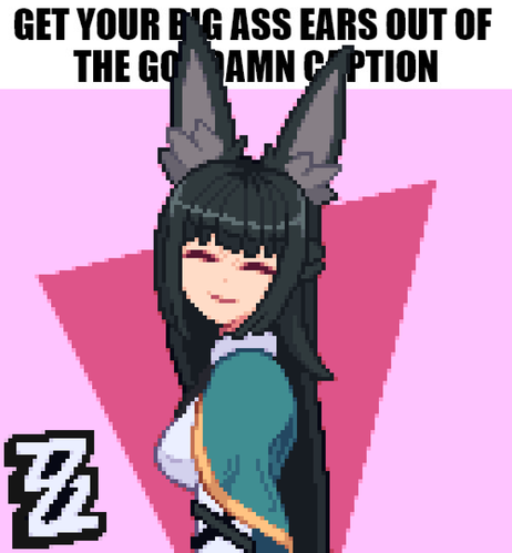 Pixelart drawing of the character Miyabi from the game ZenlessZoneZero. Shes smiling at the viewer. At the top is text saying "get your big ass ears out of the goddamn caption", which is partially obscured by the characters ears.