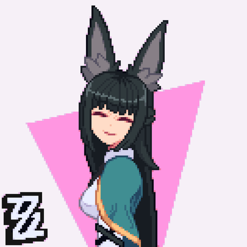 Pixelart drawing of the character Miyabi from the game ZenlessZoneZero. Shes smiling at the viewer.