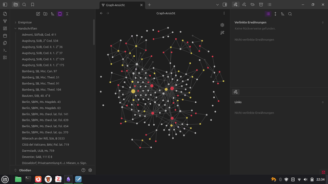Eine Bildschirmansicht: das Programm Obsidian im Dark Mode. Links eine Liste von Handschriften (Ort, Signatur), in der Mitte eine Netzwerkgrafik mit Punkten in unterschiedlichen Größen und Farben, rechts ein Feld zur Anzeige von Links