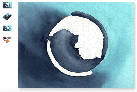 You and me together is a watercolor painting in shades of indigo, teal and white in square format. A black cat and a white cat seen from above are cuddling together. They form a circle like the yin and yang symbol on an abstract watercolor background in teal and indigo.