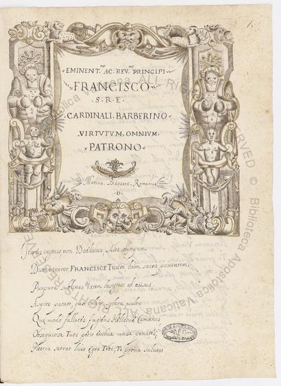 title page of Barb.lat.1912.  A title and dedication in a roman hand is enclosed by bizarre borders in an al'antiqua style.  It appears that the women have nursing armor.  Below is a short block of cursive text