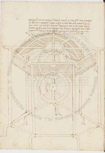 f.9v from Ott.lat.1927.  A large diagram of a turret clock in black ink is under a few lines of text