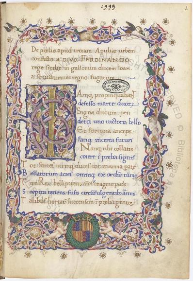 f.1r from Ott.lat.1999. There is a purple and blue white vine border on all four sides with a heraldic seal at the bottom.  There are 4 lines of gold rubric text leading into the main text block which begins with an enormous illuminated I.  The main text is alternating blue and gold ink