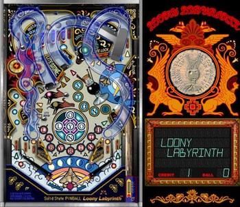 Screenshot of the Loony Labyrinth pinball game. The play field is on the left, with three flippers, three bumpers, one long ramp on each side and a small ramp that stems from the one on the right. The score display is on the right.