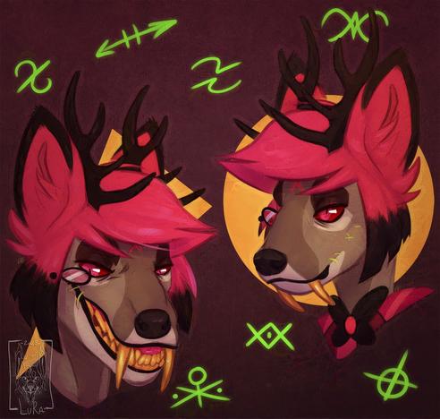 A digital artwork, featuring to sketches of Alastor from Hazbin Hotel. Alastor is depicted as an anthro deer seen from the neck up, with a creppy, toothy smile