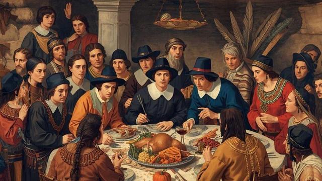 An artistic rendition of the first Thanksgiving feast.