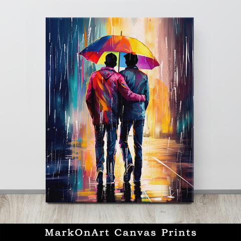 Canvas print propped slightly against a white wall. The canvas print has a colorful scene printed on it that shows two men together under a shared umbrella with rain falling around them. The men are seen from behind and their heads are in silhouette from the shadow of the umbrella.